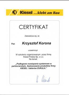 Certyfikat Uczestnictwa w szkoleniu przez Firmę Kiesel Polska